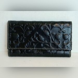 Patricia Nash Black Tooled Leather Tri-fold Wallet